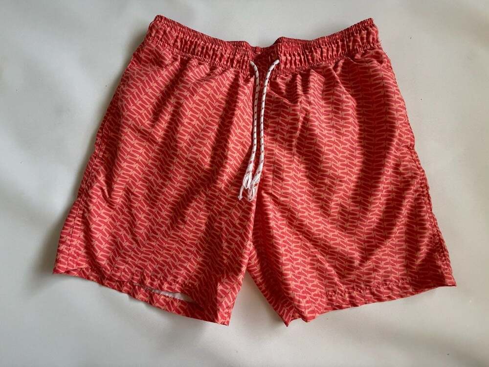 Mens Red Geometric Print Drawstring Swim Trunks